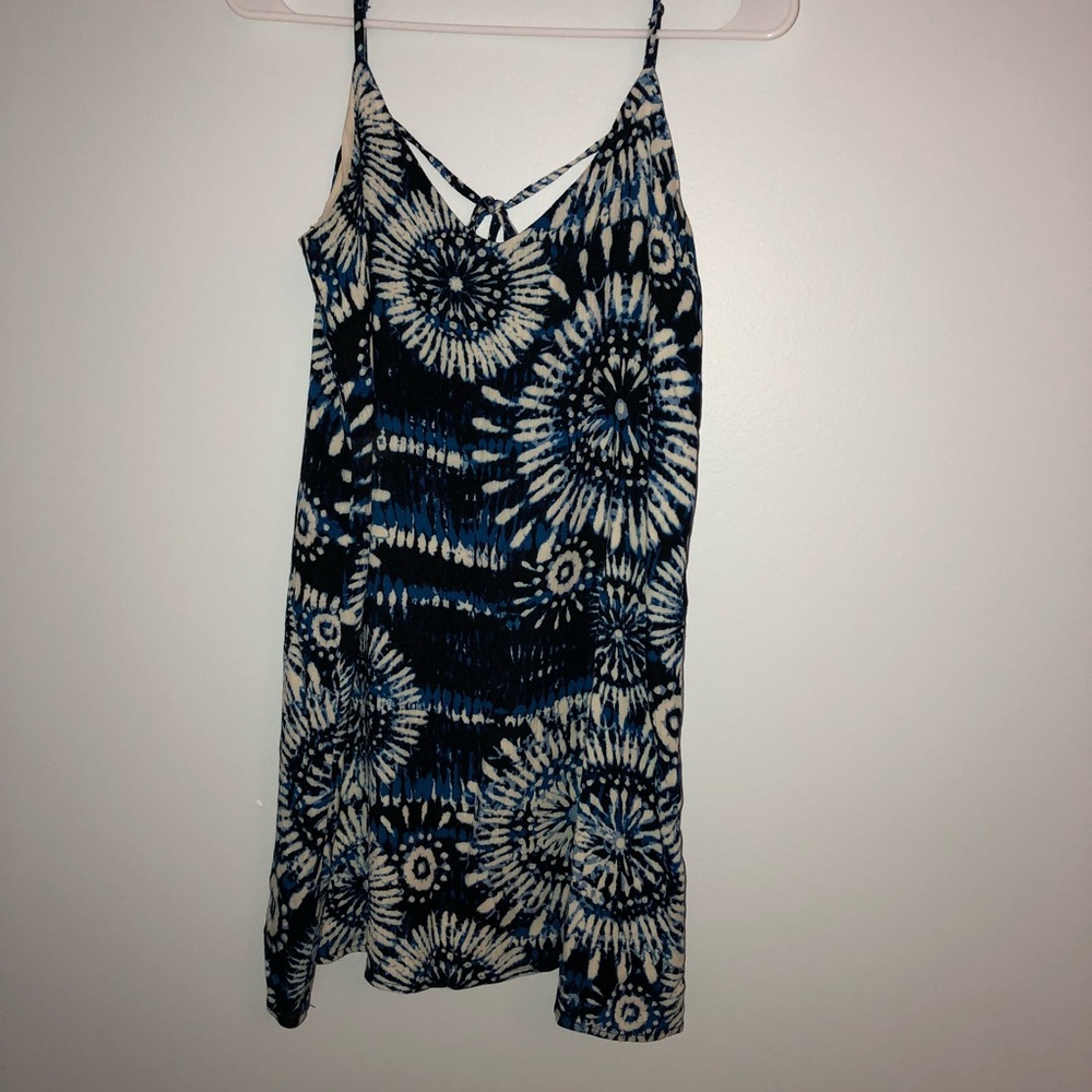 blue and white patterned sundress
